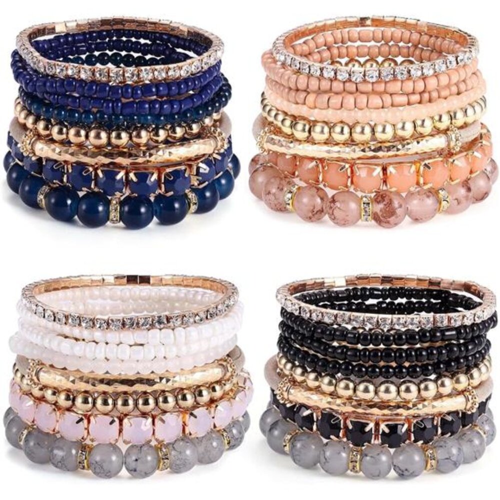 4 Sets Boho Bracelets for Women Multi-Color Layered Stackable Natural Beaded